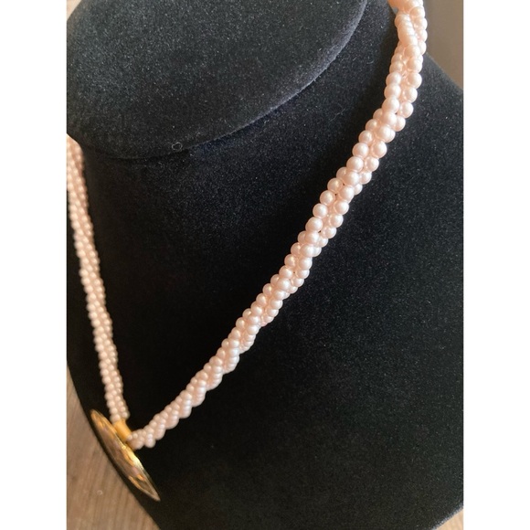 Vintage Cloisonné Pendant on Twisted Faux Pearl Necklace Pale Pink Floral - Picture 5 of 14